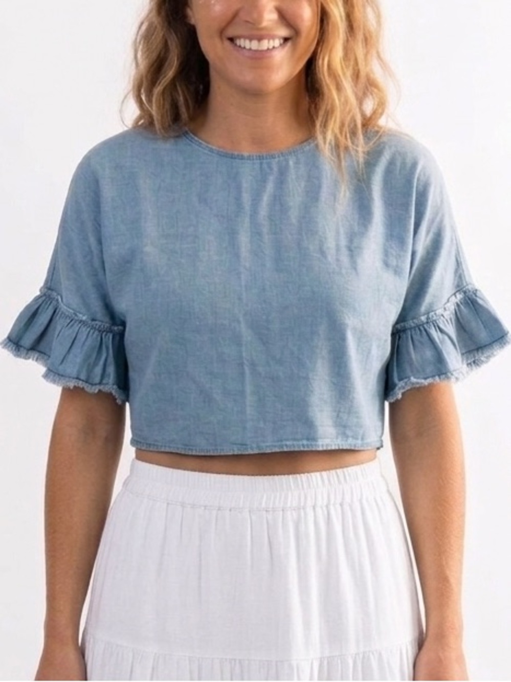 COUPE COLLECTION Denim Jean Crop Top Frilly Bell Sleeves Ruffle Y2K Size Medium